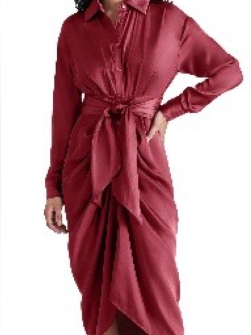 Sam Edelman Satin Tie-Waist Shirt Dress in Wine Red